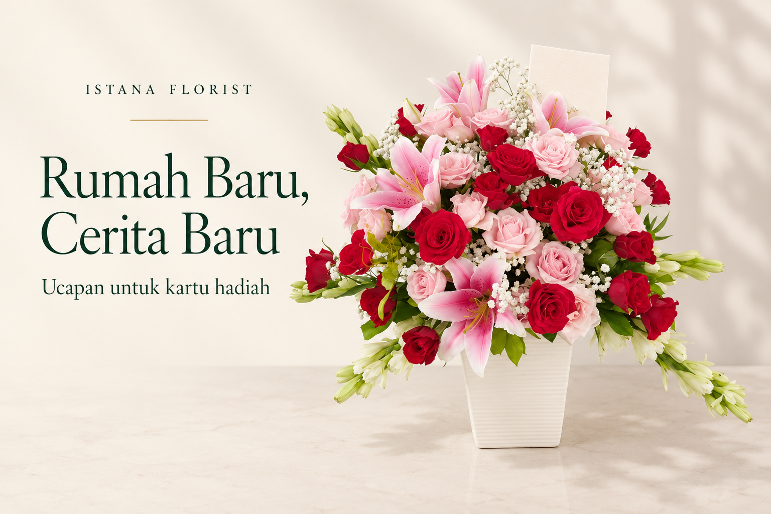 Rangkaian bunga meja merah muda untuk ilustrasi ucapan rumah baru