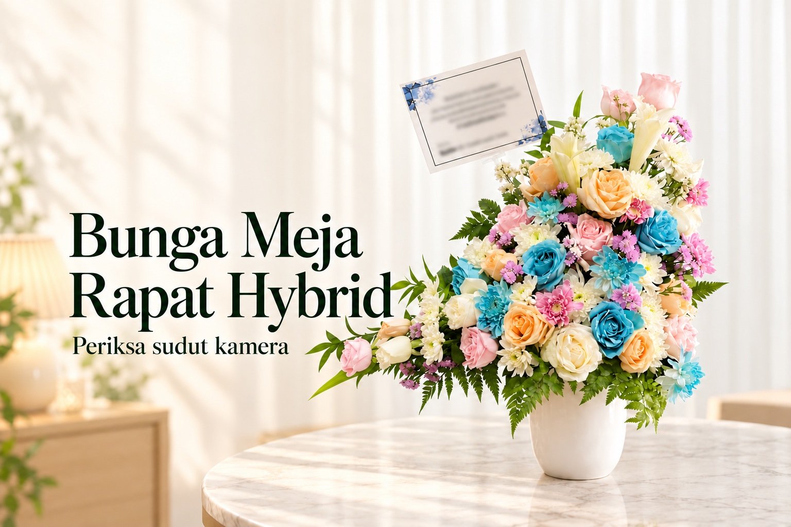 Sampul Bunga Meja Rapat Hybrid dengan rangkaian bunga pastel dalam vas putih