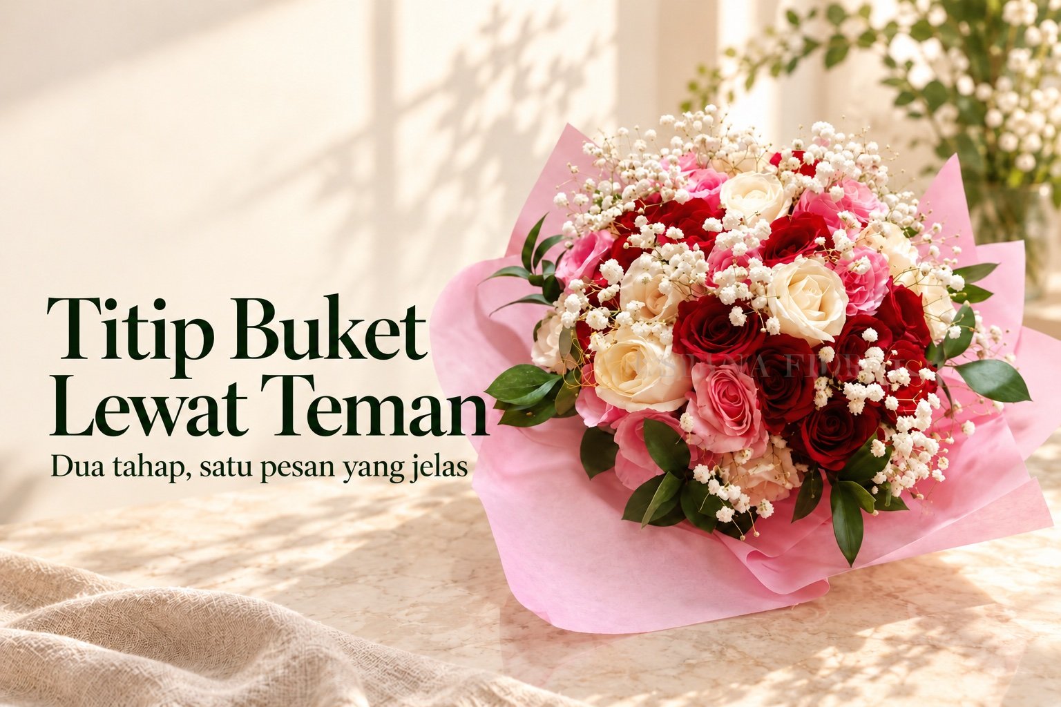 Sampul Titip Buket Lewat Teman dengan buket mawar merah, merah muda dan putih