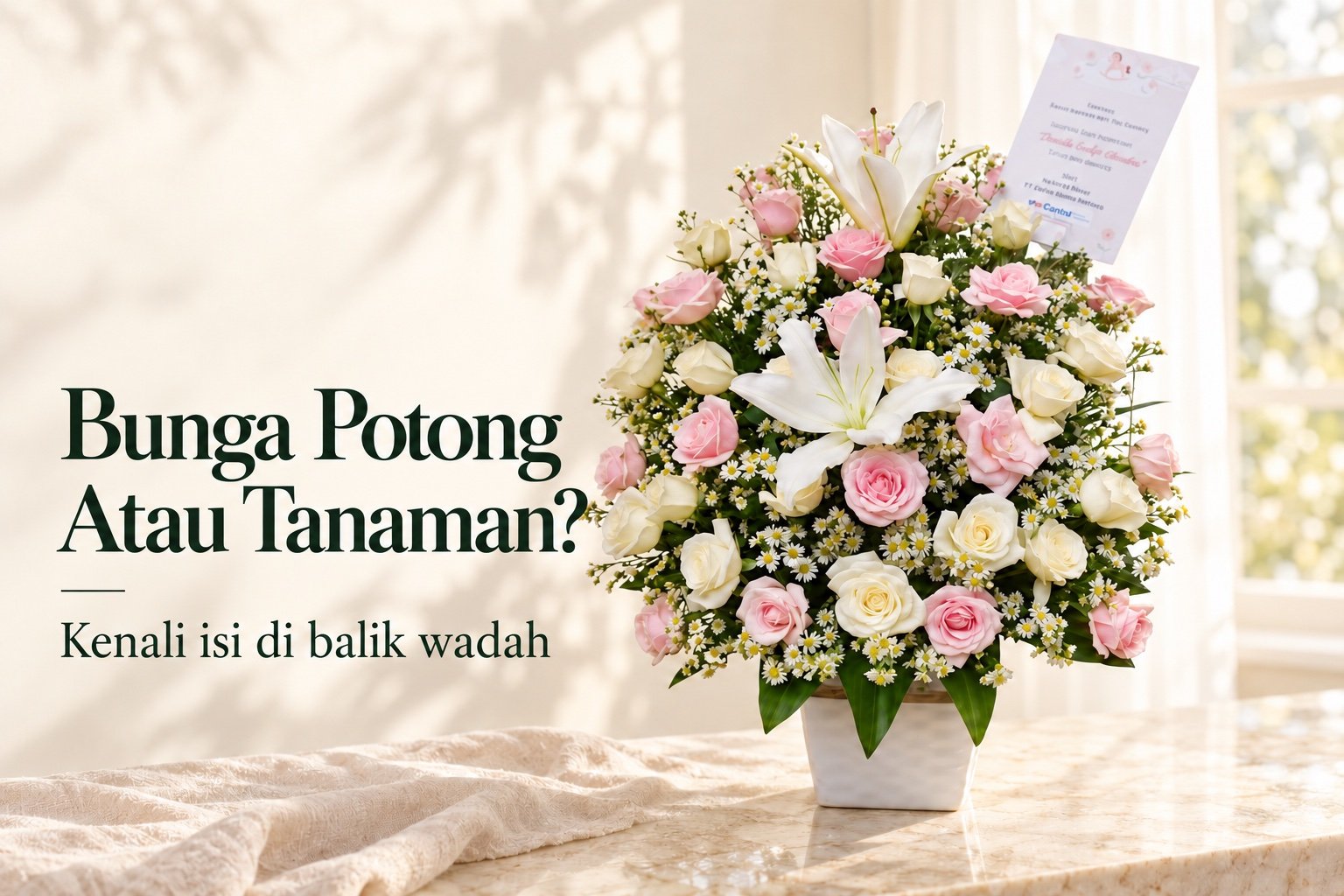 Sampul Bunga Potong Atau Tanaman dengan rangkaian lili putih dan mawar dalam vas
