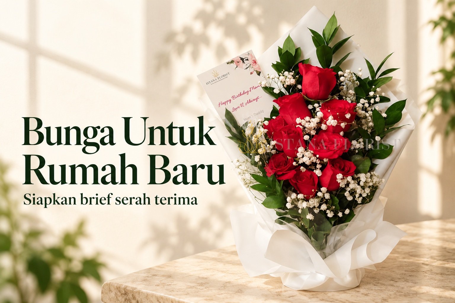 Sampul Bunga Untuk Rumah Baru dengan buket mawar merah berbungkus putih