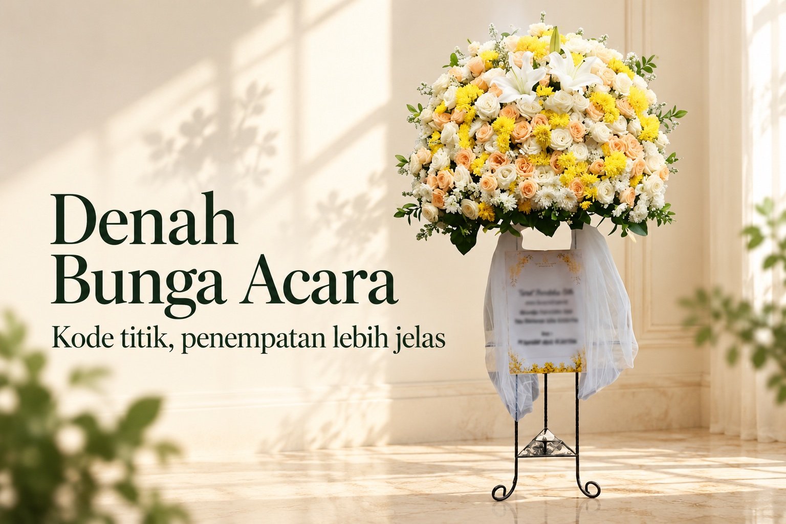Sampul Denah Bunga Acara dengan standing flower putih dan kuning
