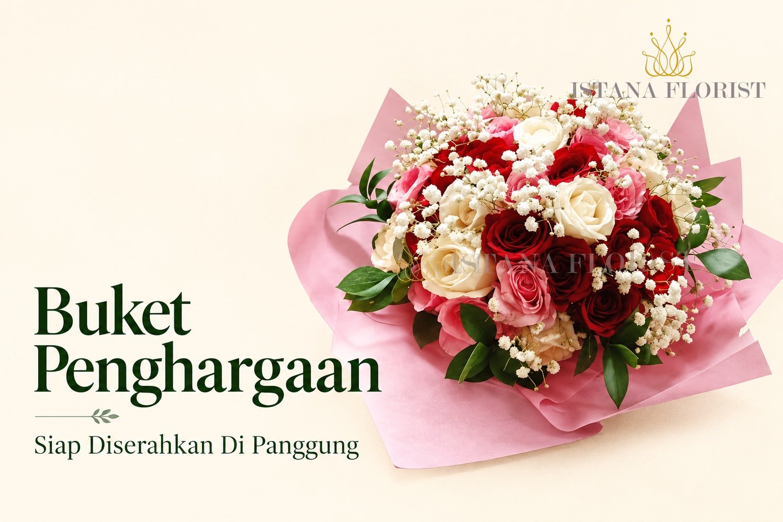 Cover Buket Penghargaan dengan mawar merah, putih dan pink berbungkus pink pada latar krem.