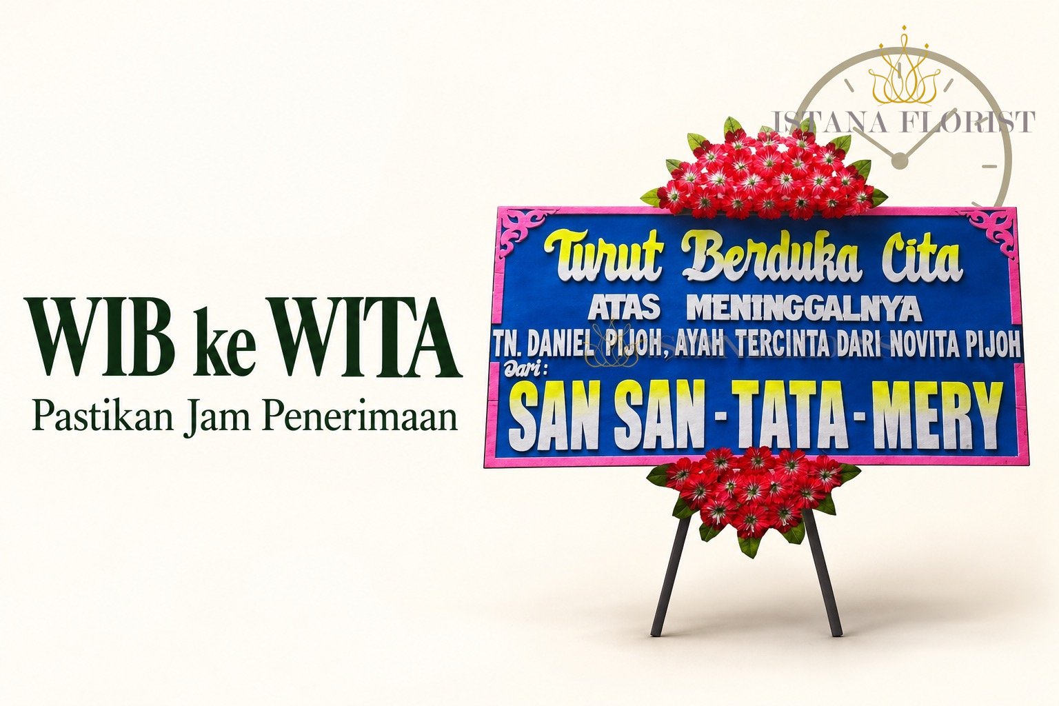 Ilustrasi papan bunga Manado dengan jam dan judul WIB ke WITA, Pastikan Jam Penerimaan