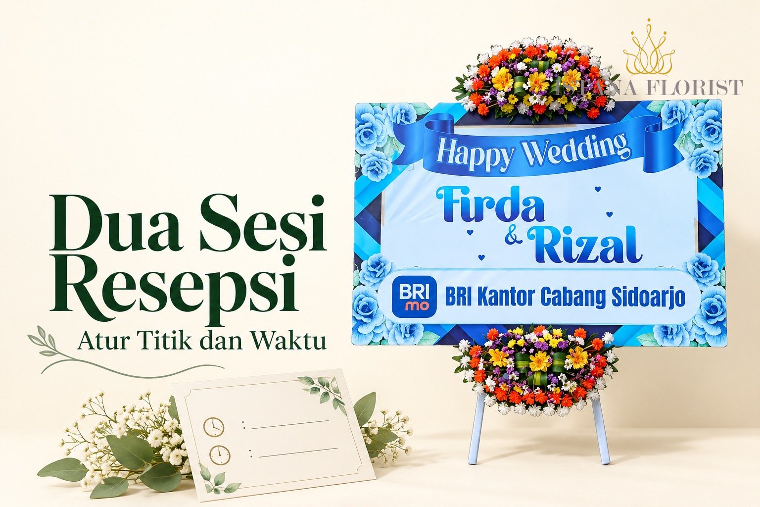 Ilustrasi papan wedding biru dan lembar dua jadwal dengan teks Dua Sesi Resepsi