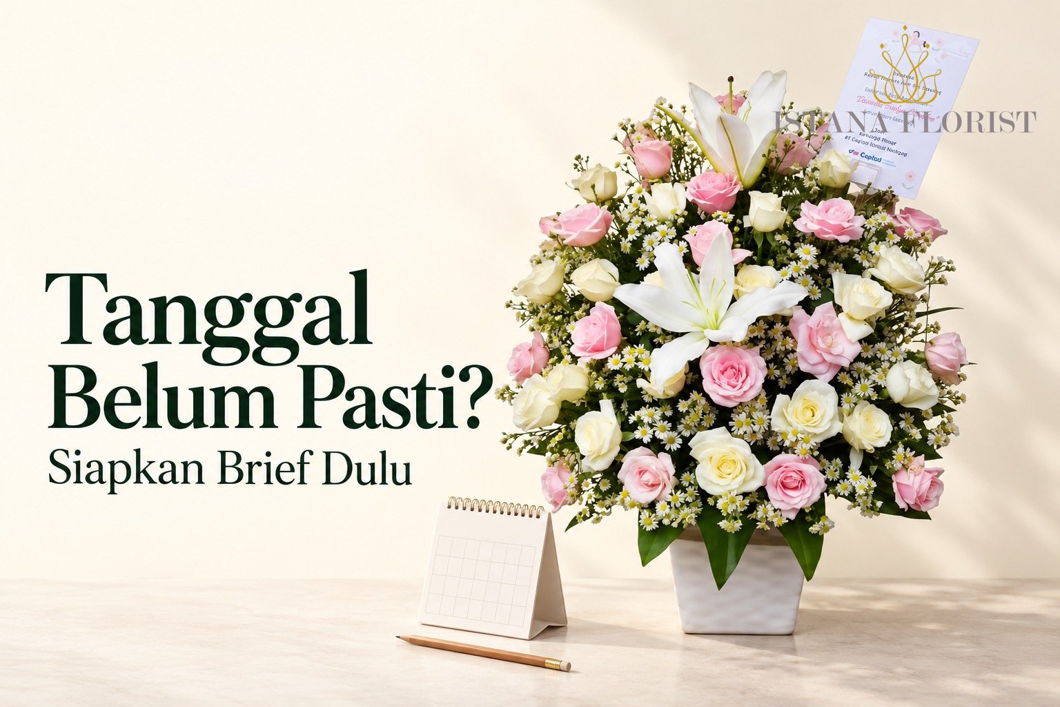 Ilustrasi bunga meja putih pink dan kalender dengan teks Tanggal Belum Pasti