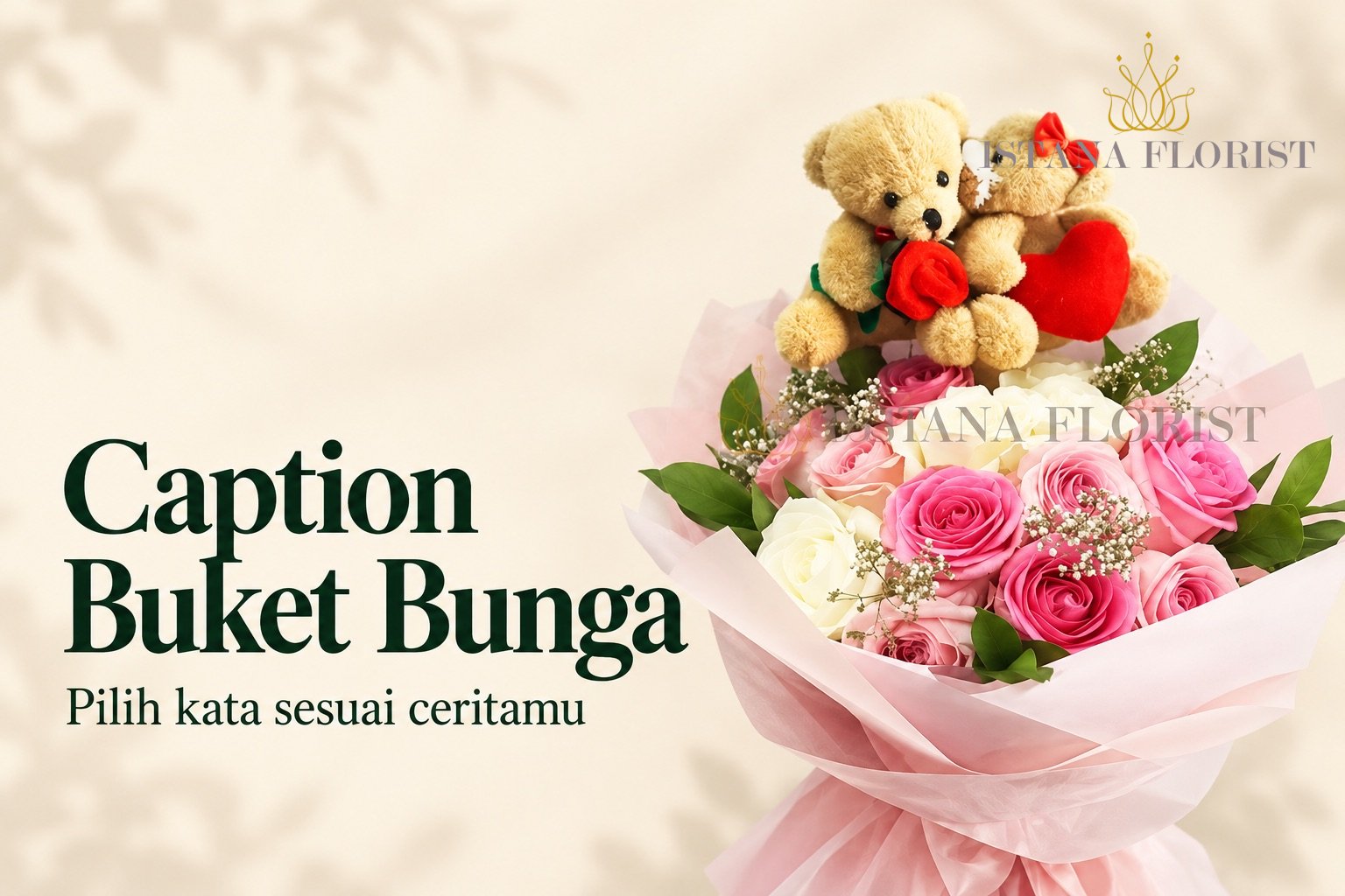 Buket mawar pink dan boneka pada cover contoh caption buket bunga