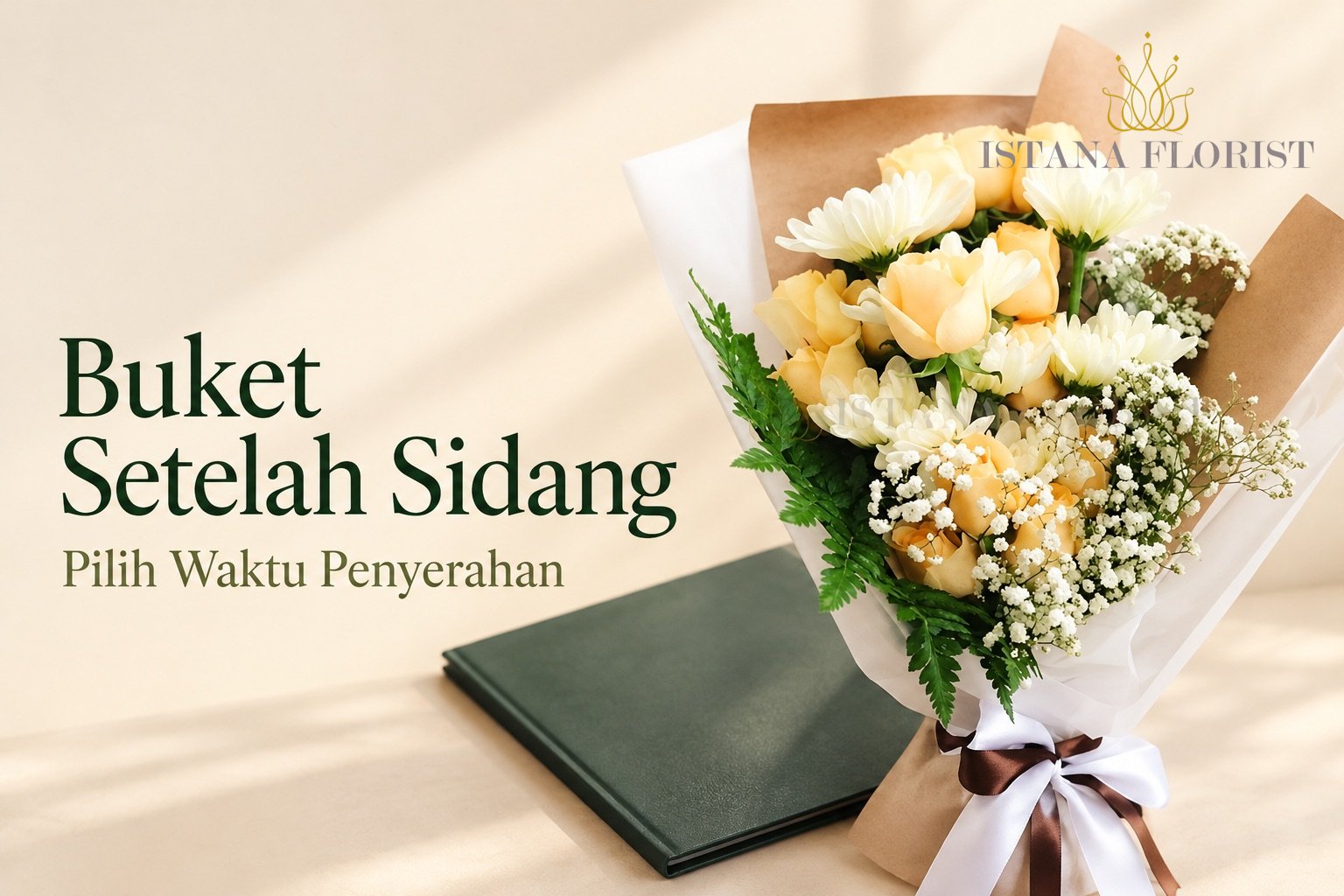 Buket krem dan kuning di samping map dengan tulisan Buket Setelah Sidang