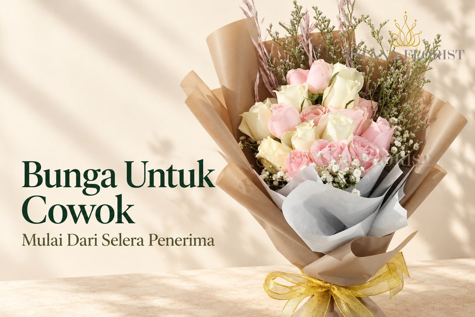 Buket mawar pink dan putih dengan tulisan Bunga Untuk Cowok