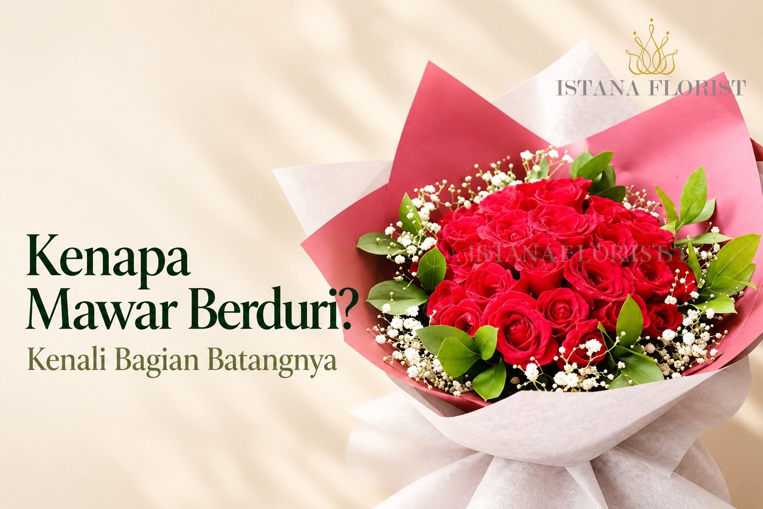 Buket mawar merah dengan judul Kenapa Mawar Berduri dan subjudul Kenali Bagian Batangnya