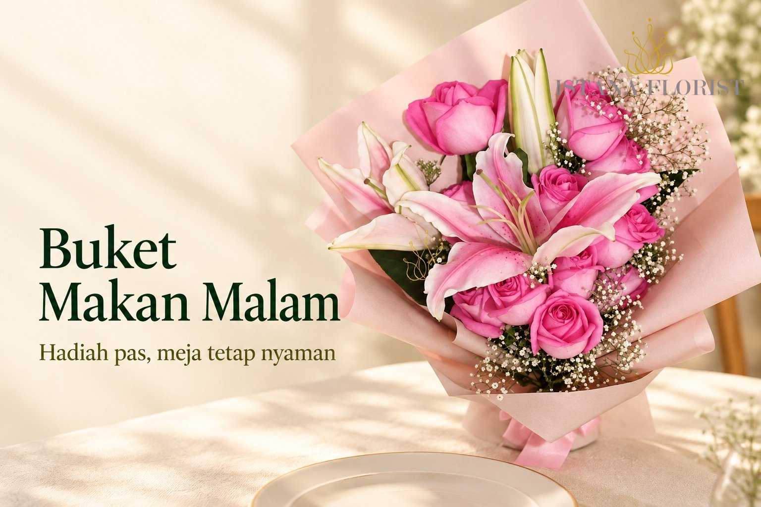 Buket merah muda di sisi meja dengan tulisan Buket Makan Malam