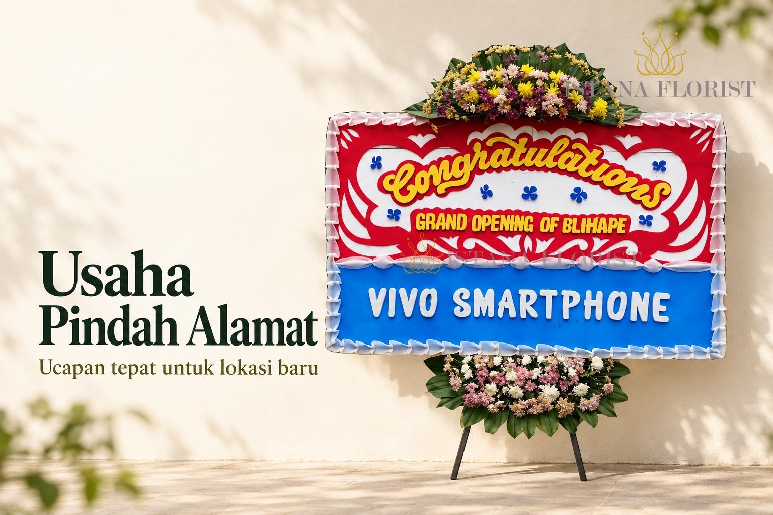 Papan bunga merah biru dan tulisan Usaha Pindah Alamat