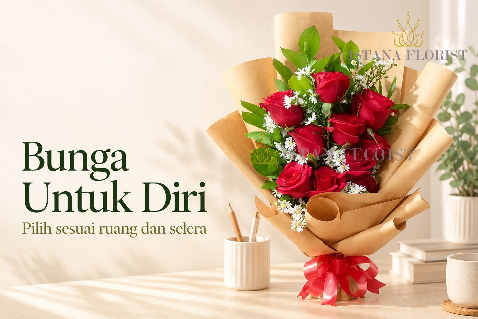 Buket mawar merah dengan pembungkus cokelat di sudut meja dengan tulisan Bunga Untuk Diri