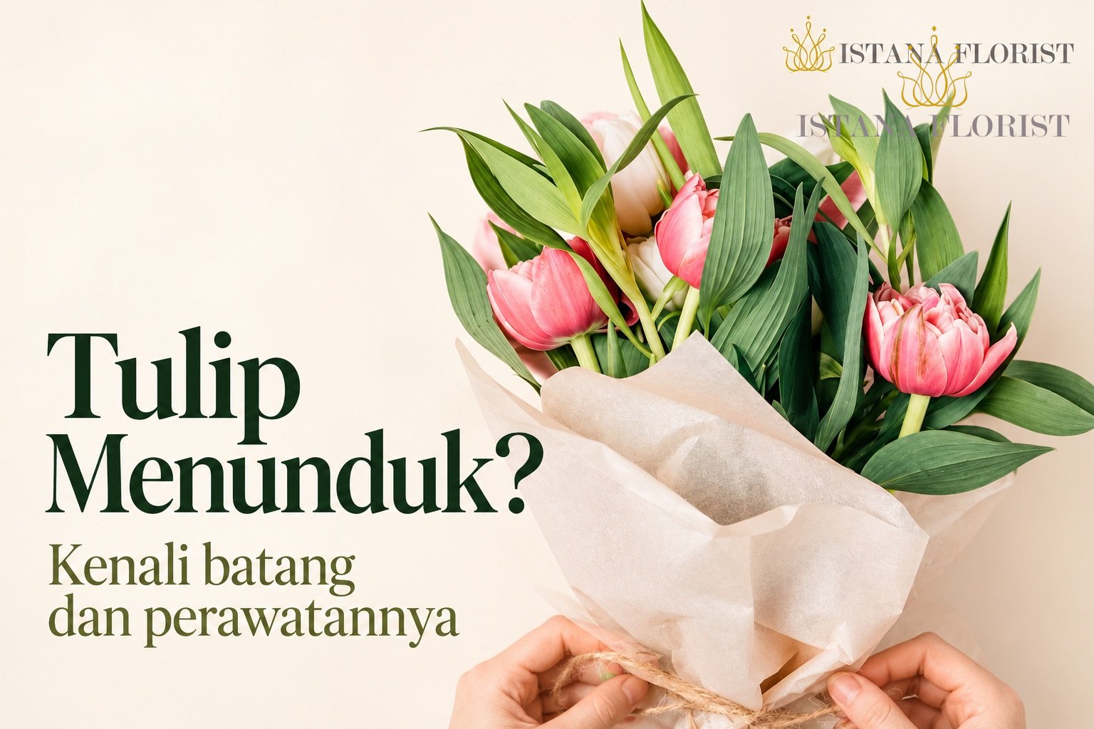 Tulip dalam rangkaian dengan tulisan Tulip Menunduk dan subjudul perawatan