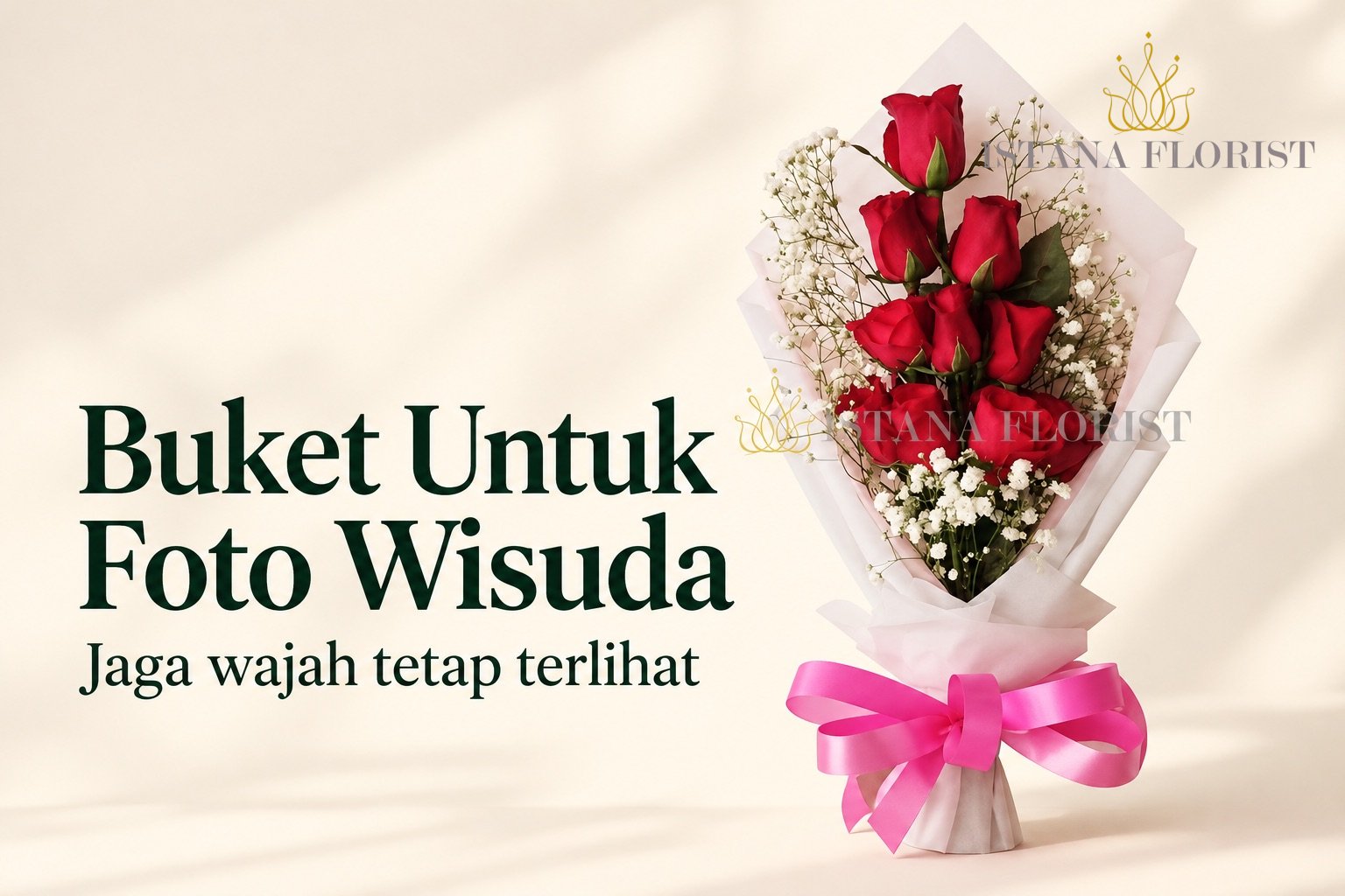 Cover Buket Untuk Foto Wisuda dengan mawar merah, pembungkus terang, dan pita pink