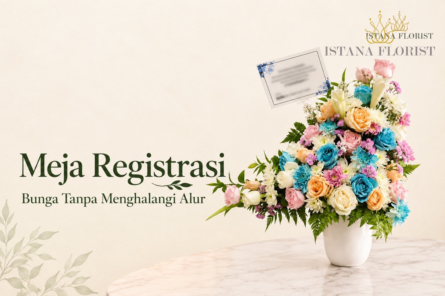 Cover Meja Registrasi dengan rangkaian bunga pastel biru, pink dan kuning dalam vas putih berlatar krem.