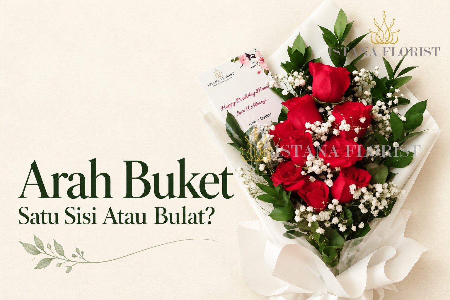 Cover Arah Buket dengan mawar merah berbungkus putih dan tulisan Satu Sisi Atau Bulat pada latar krem.