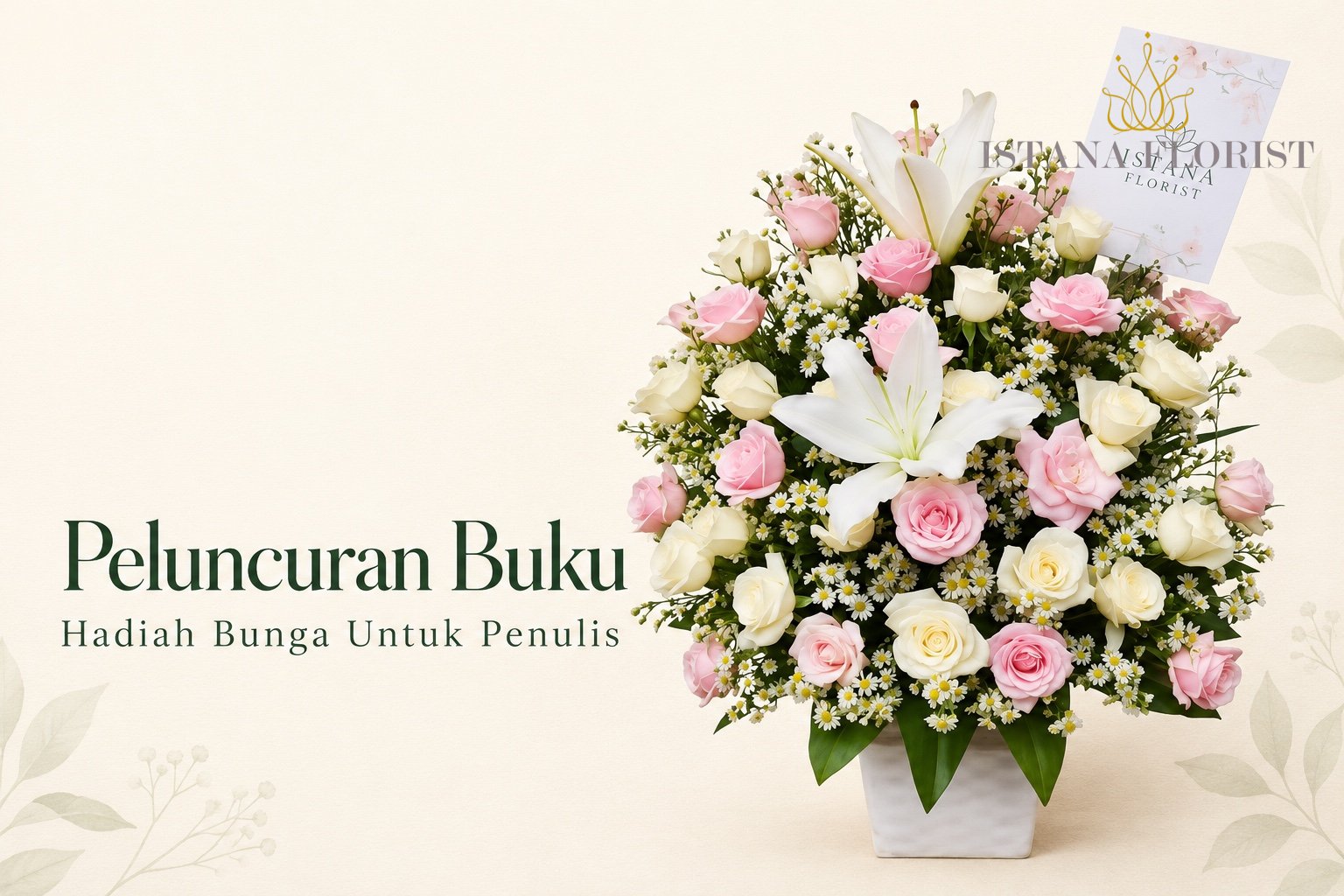 Cover Peluncuran Buku dengan rangkaian lily putih dan mawar pink dalam wadah putih berlatar krem.
