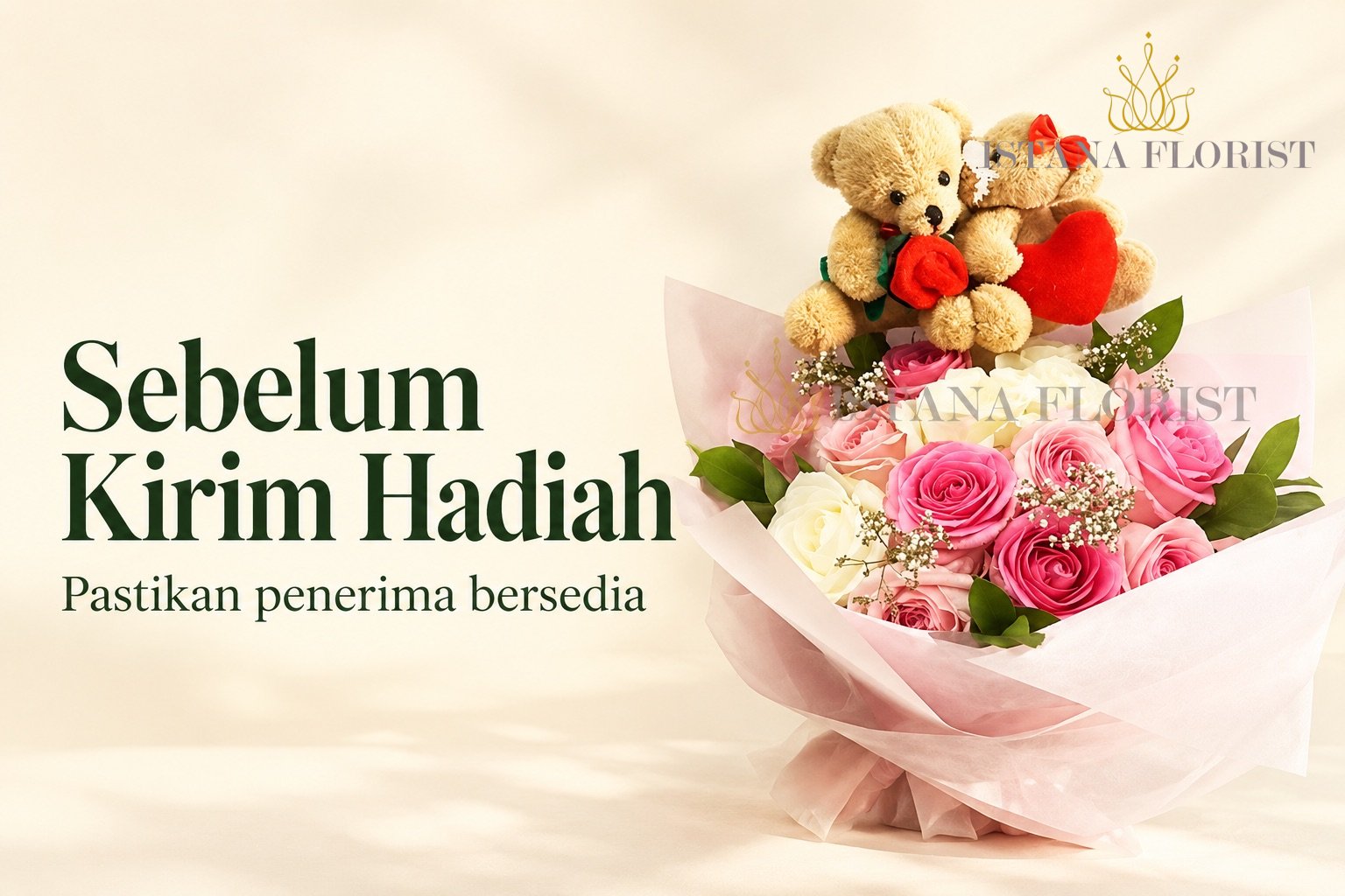 Buket mawar merah muda dan dua boneka dengan judul Sebelum Kirim Hadiah