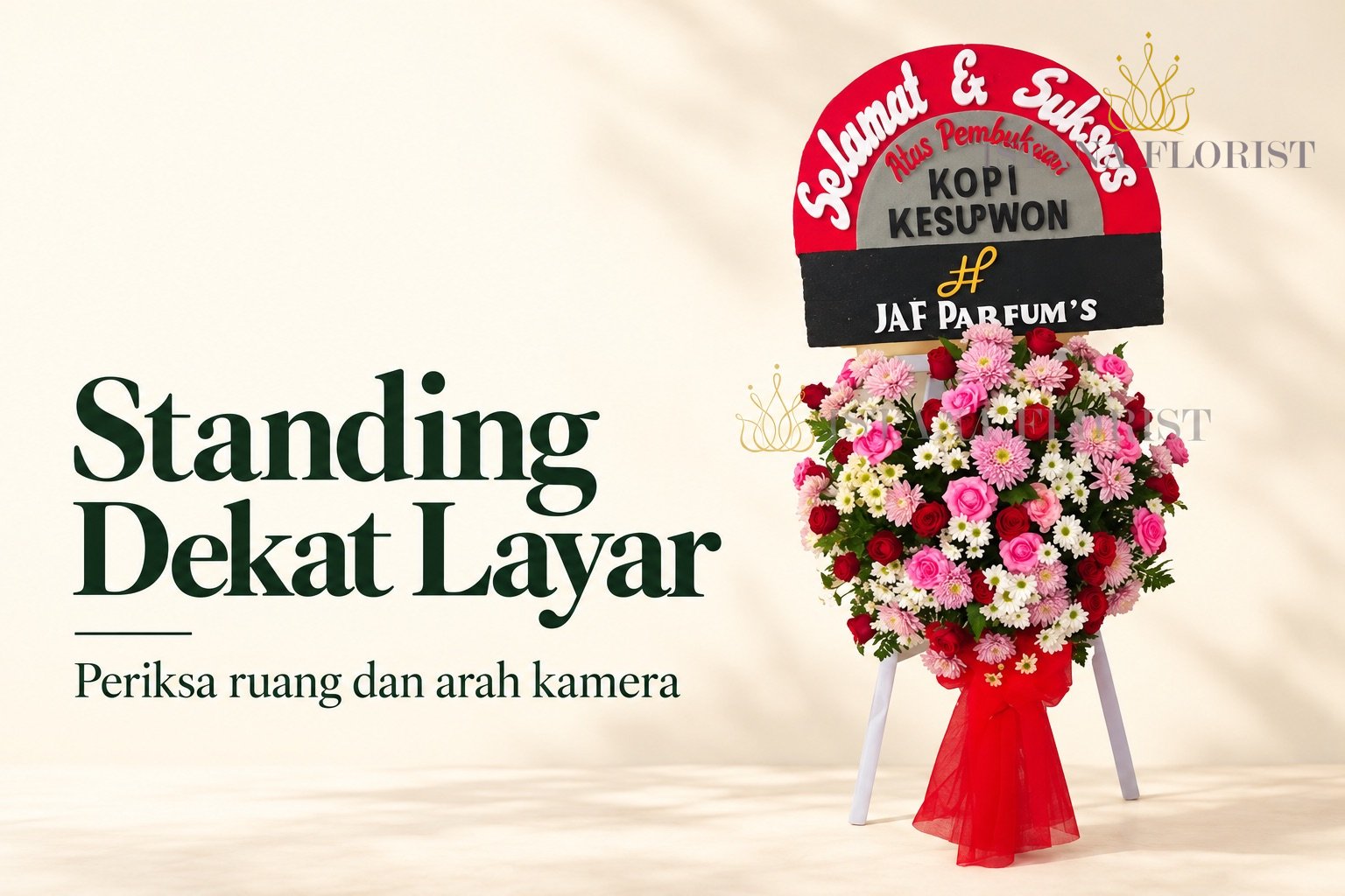 Standing flower ucapan selamat dengan rangkaian merah muda dan judul Standing Dekat Layar