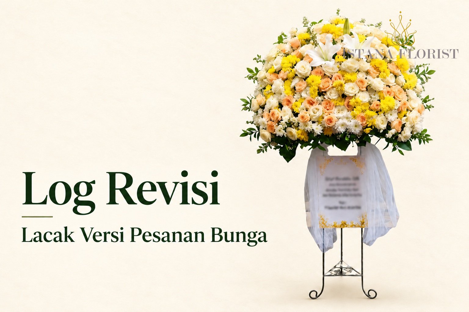 Cover Log Revisi dengan standing flower kuning dan putih, serta tulisan Lacak Versi Pesanan Bunga pada latar krem.